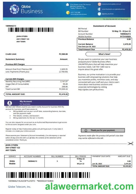 Philippines Globe Business utility bill template in Word and PDF format